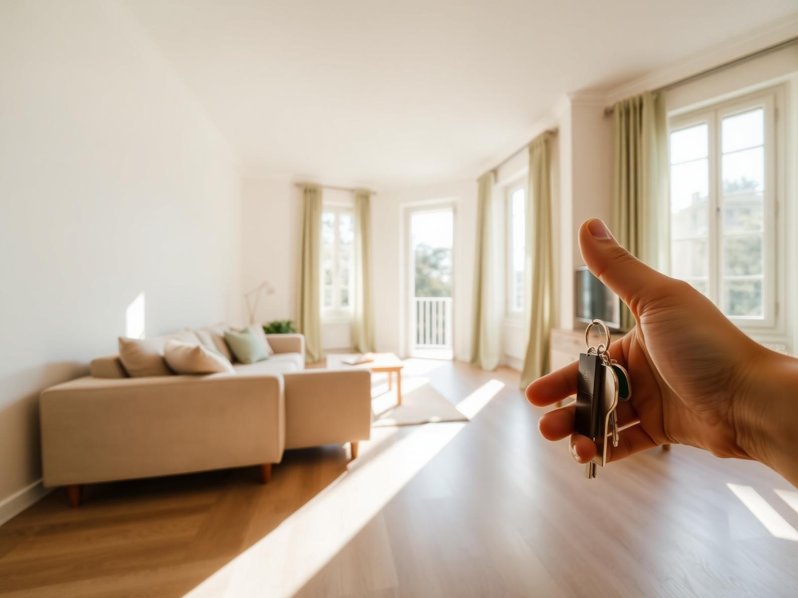 Sunlit apartment interior with a hand holding keys